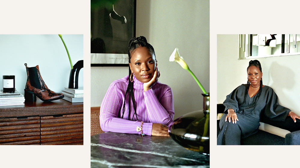A triptych of Jennifer Pauline in her home and objects in her home.
