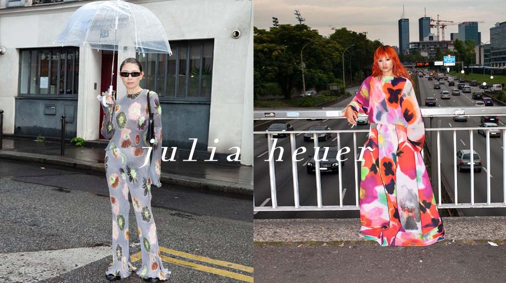 Models wearing graphic printed pleated pieces from Julia Heuer's Spring 2022 lookbook.
