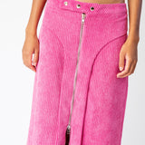 Detailed photo of silver front zipper hardware and 3 front waistband button snaps.