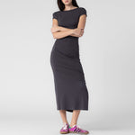 Front full body photo of model wearing the Low Back Easy Dress - Slate.