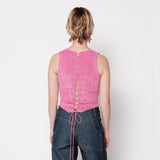 Back half body photo of model wearing the Cord Bustier - Pitaya.
