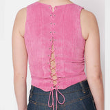 Back close detail photo of model wearing the Cord Bustier - Pitaya.