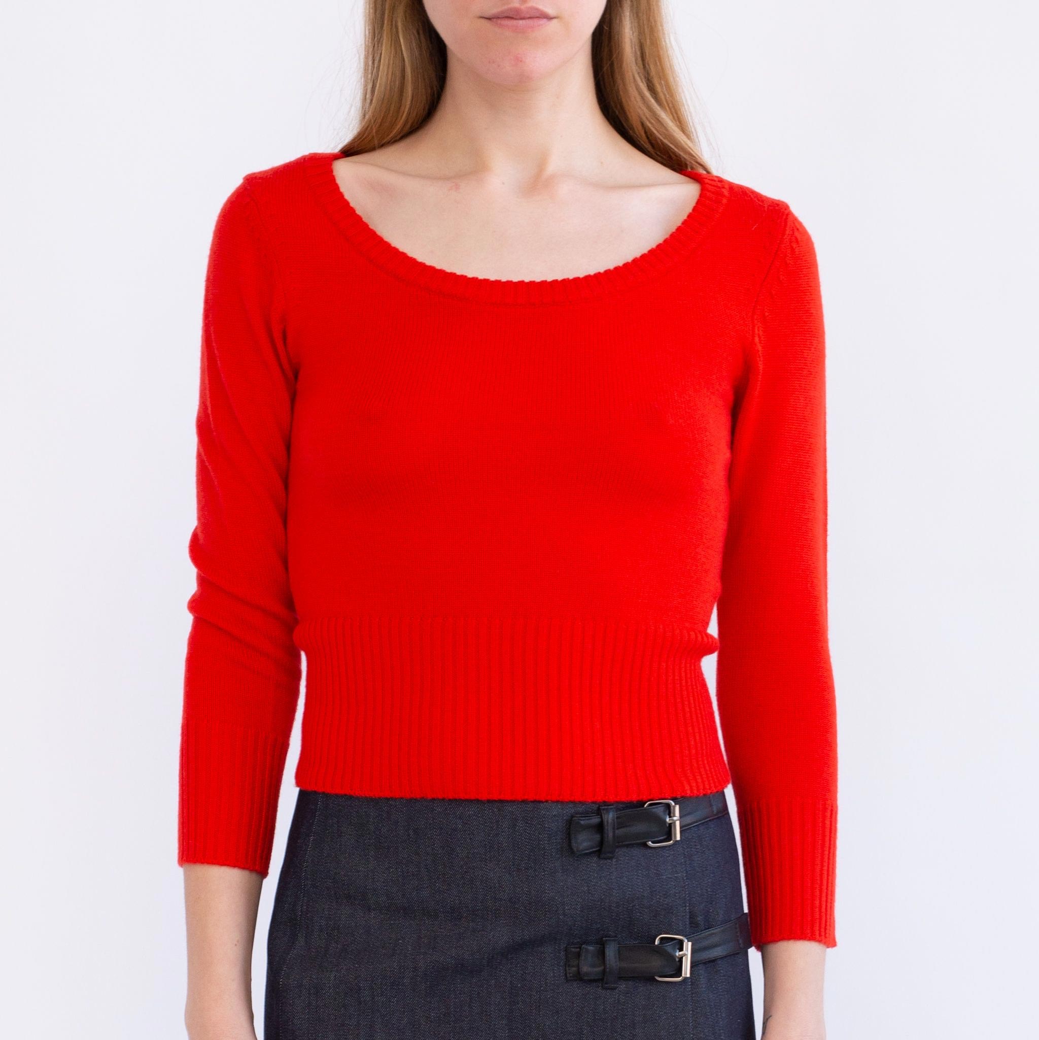 Close half body photo of model wearing the Maria Scoop Neck - Blood Orange.