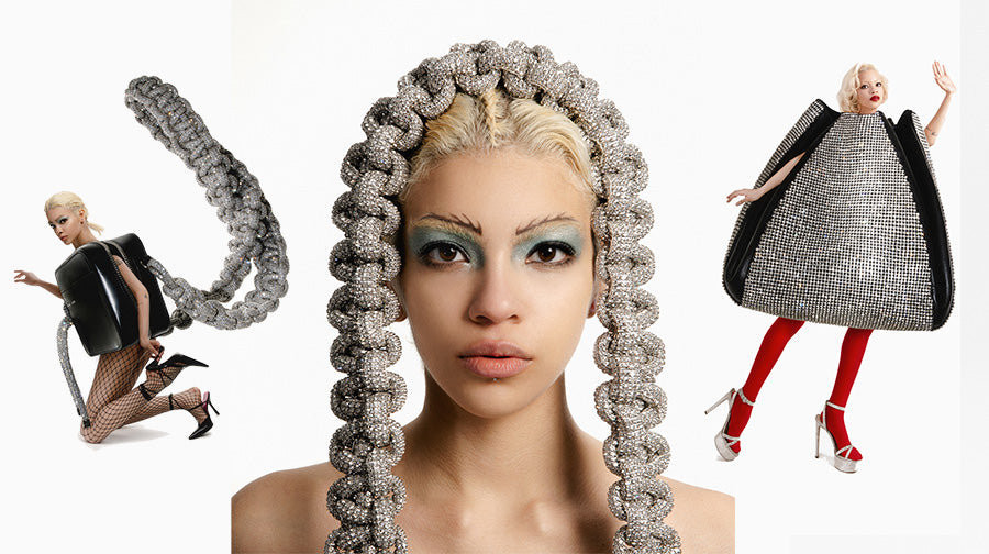 Collage of campaign images from KARA featuring a model wearing KARA bags in unusual ways.
