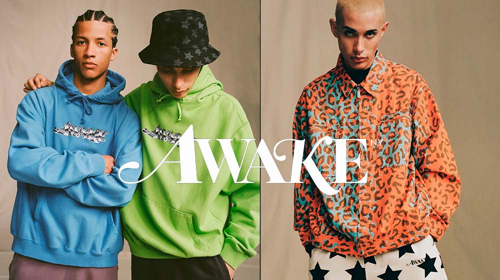 2 images from Awake NY's Spring 2022 collection lookbook, featuring male models wearing various colorful items from the brand.