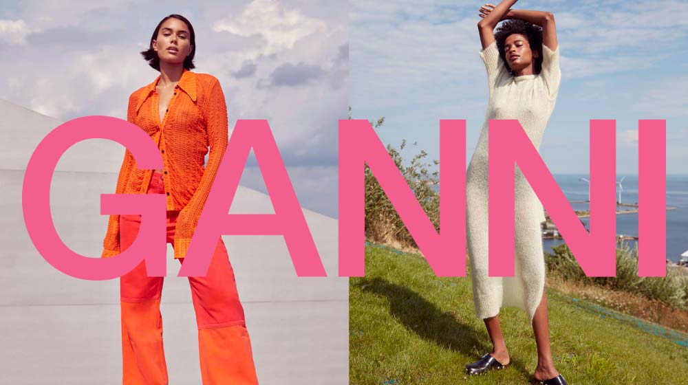 Images from GANNI's spring 2022 lookbook superimposed with a large GANNI logo.