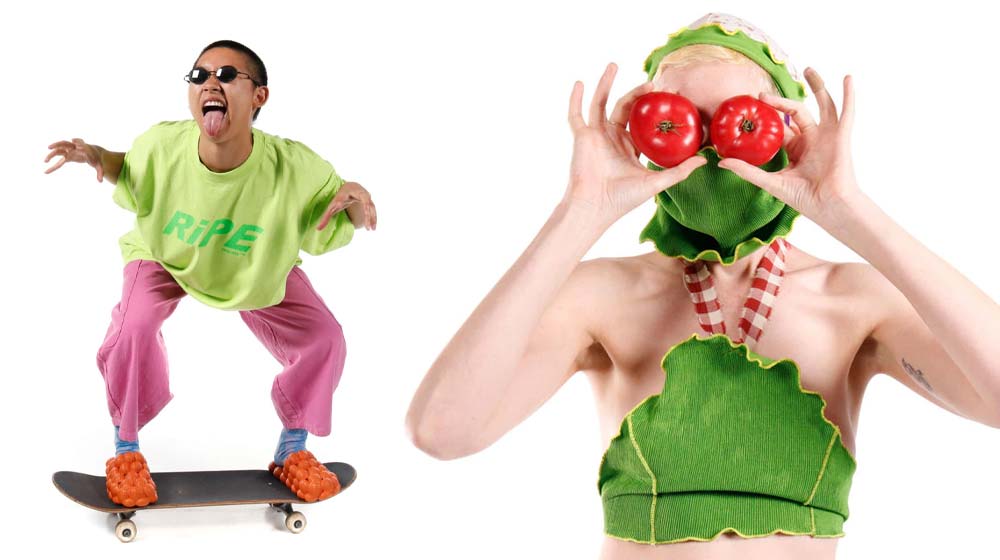 Photo of a model riding a skateboard wearing oversized Meals t-shirt and pink Meals pants making a face at the camera; photo of a model holding two apples up against their eyes while wearing a green Meals top.