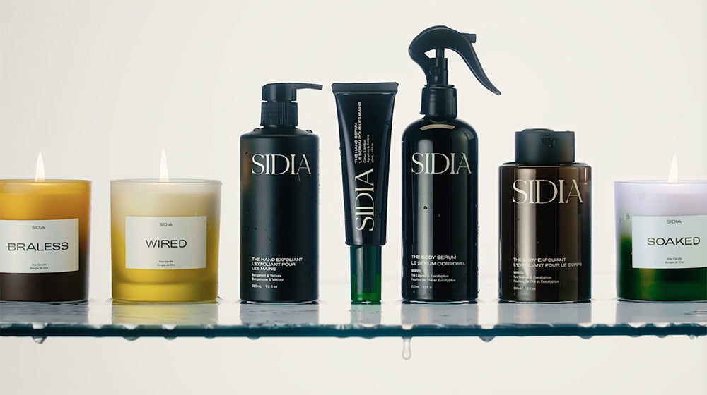 SIDIA core products lined up on a glass shelf.