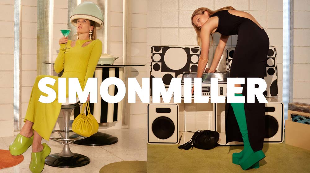 Two images of models wearing long dresses by Simon Miller, with the Simon Miller logo superimposed on top of the graphic.
