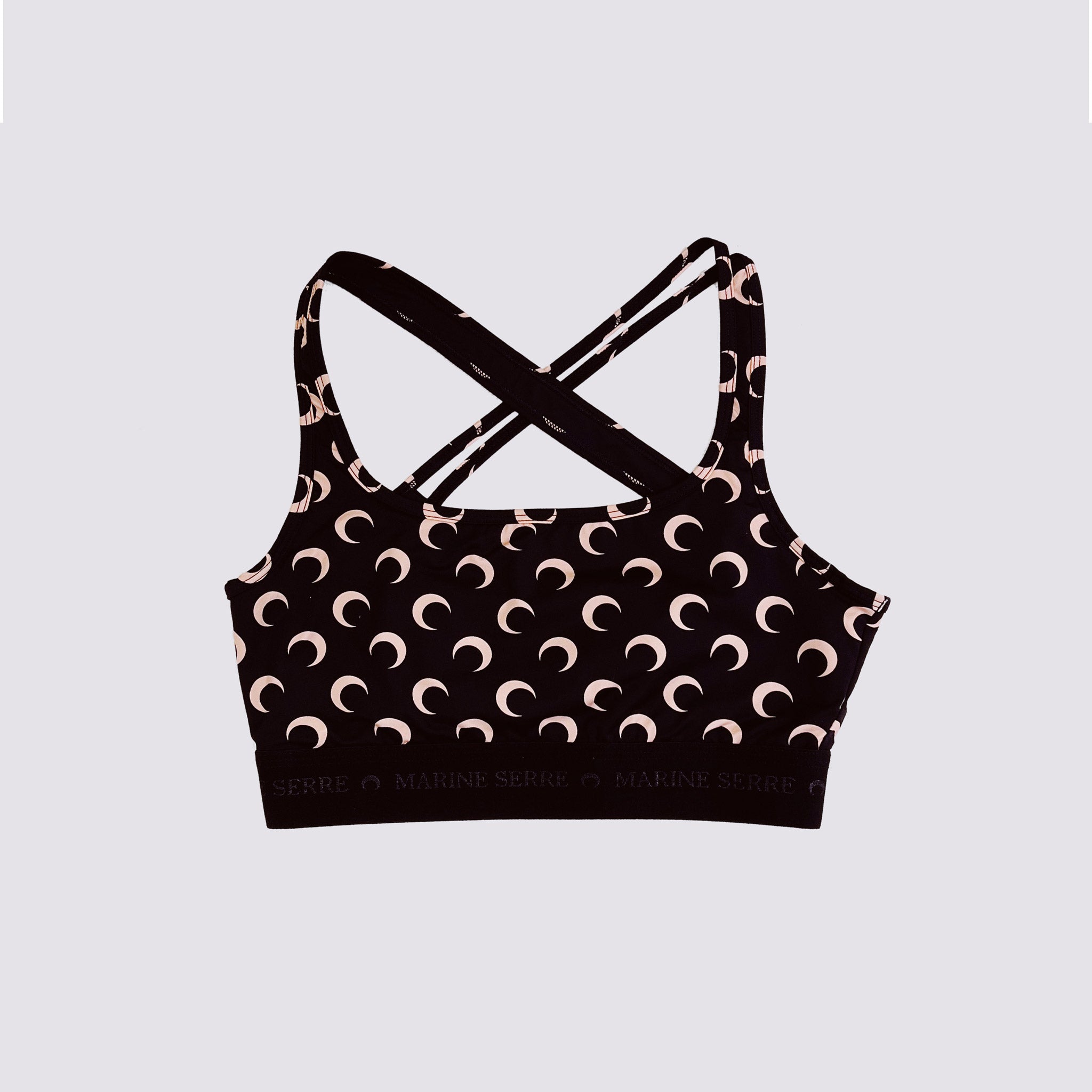 Marine Serre black all-over-moon printed sports bra with asymmetrical straps - front view.