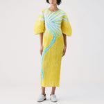 Full length yellow pleated dress with exaggerated 3/4 length sleeves and ice blue graphic if spindly plant.
