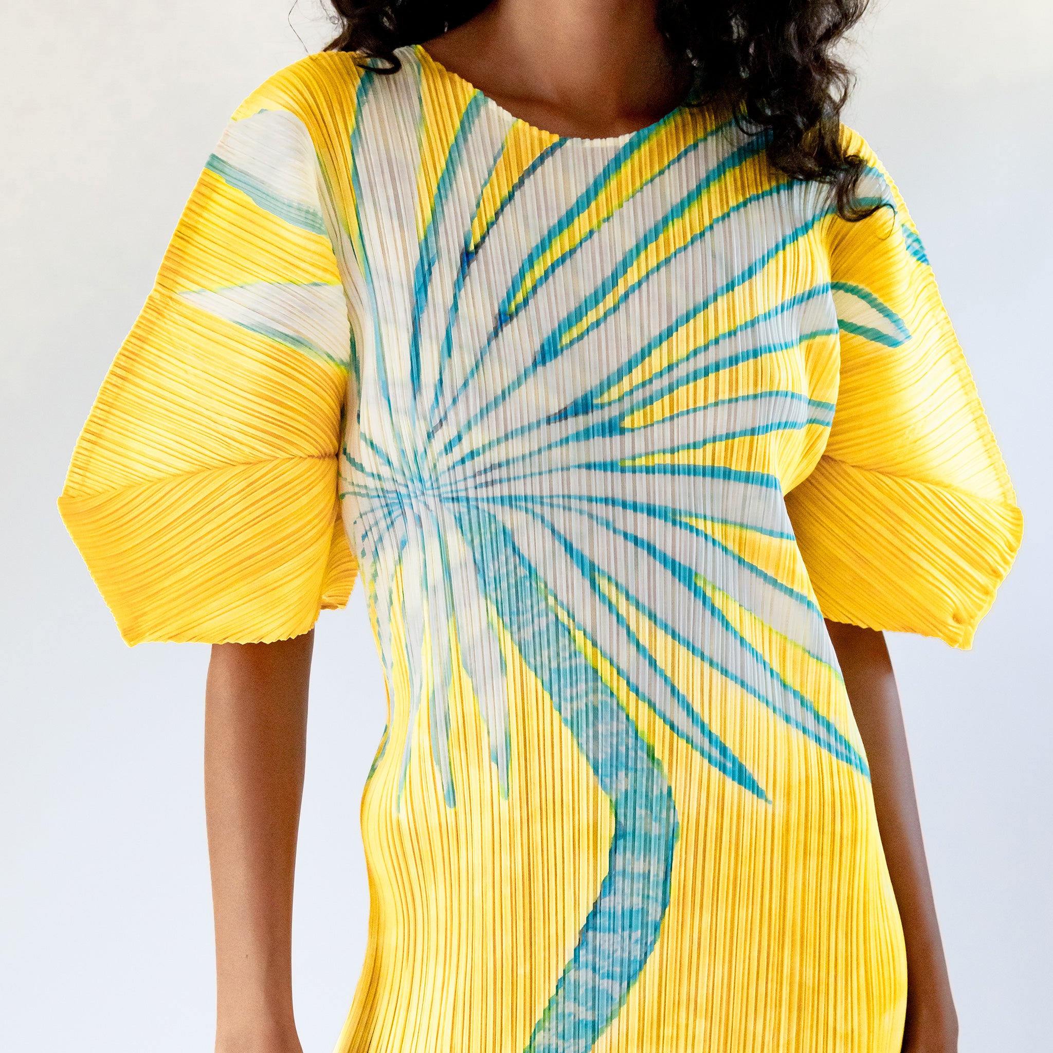 A model wears the full length yellow pleated Puff Sleeve Dress with a large graphic print of a desert plant, detailed close up.