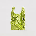Smaller version of BAGGU's classic reusable nylon tote, in a metallic green color, shown flat against a white background.