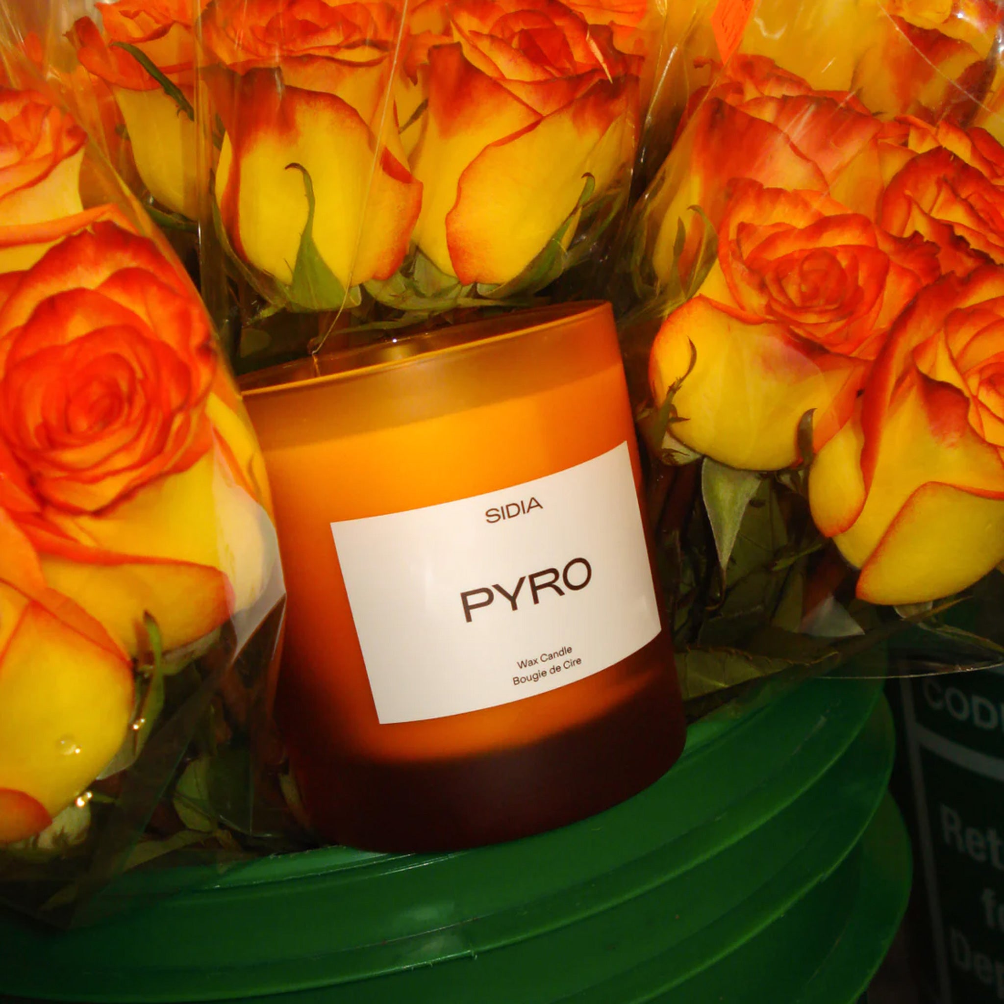 The frosted orange glass enclosing SIDIA's Pyro candle is set settled among yellow roses with red-tipped petals.