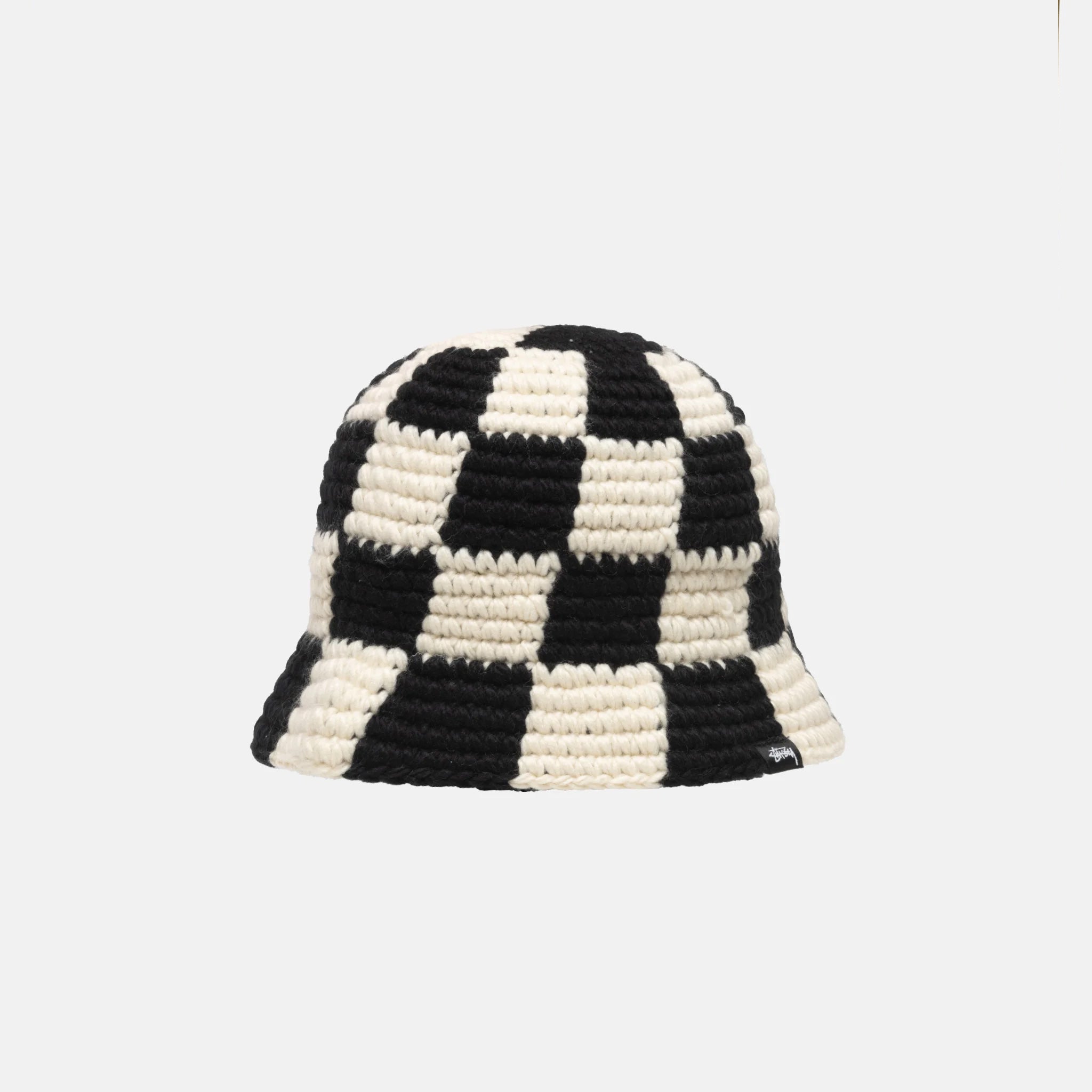 Flat photo of the Checker Knit Bucket Hat - Black.