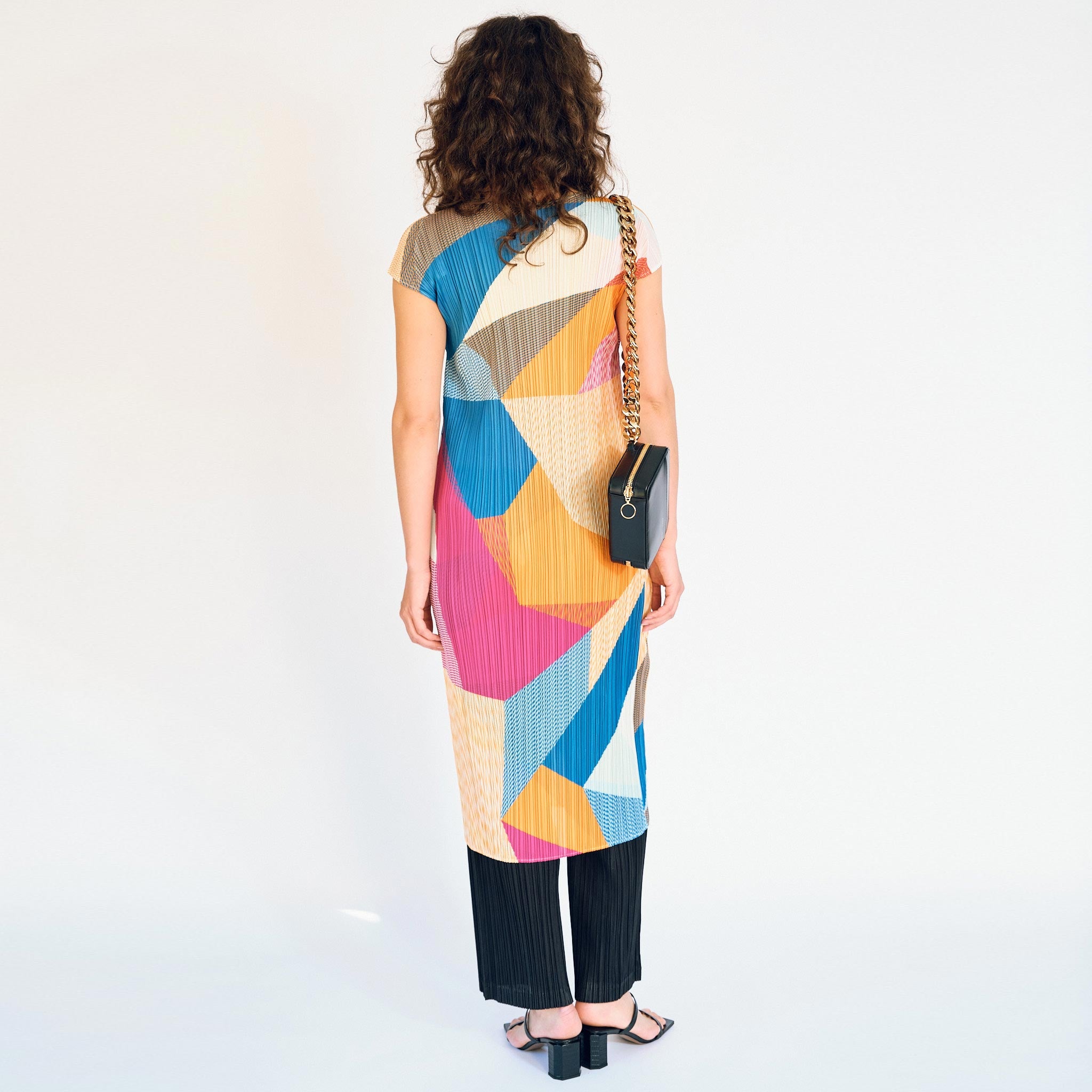 Graphic printed pleated short sleeve dress by Pleats Please, back view on model.