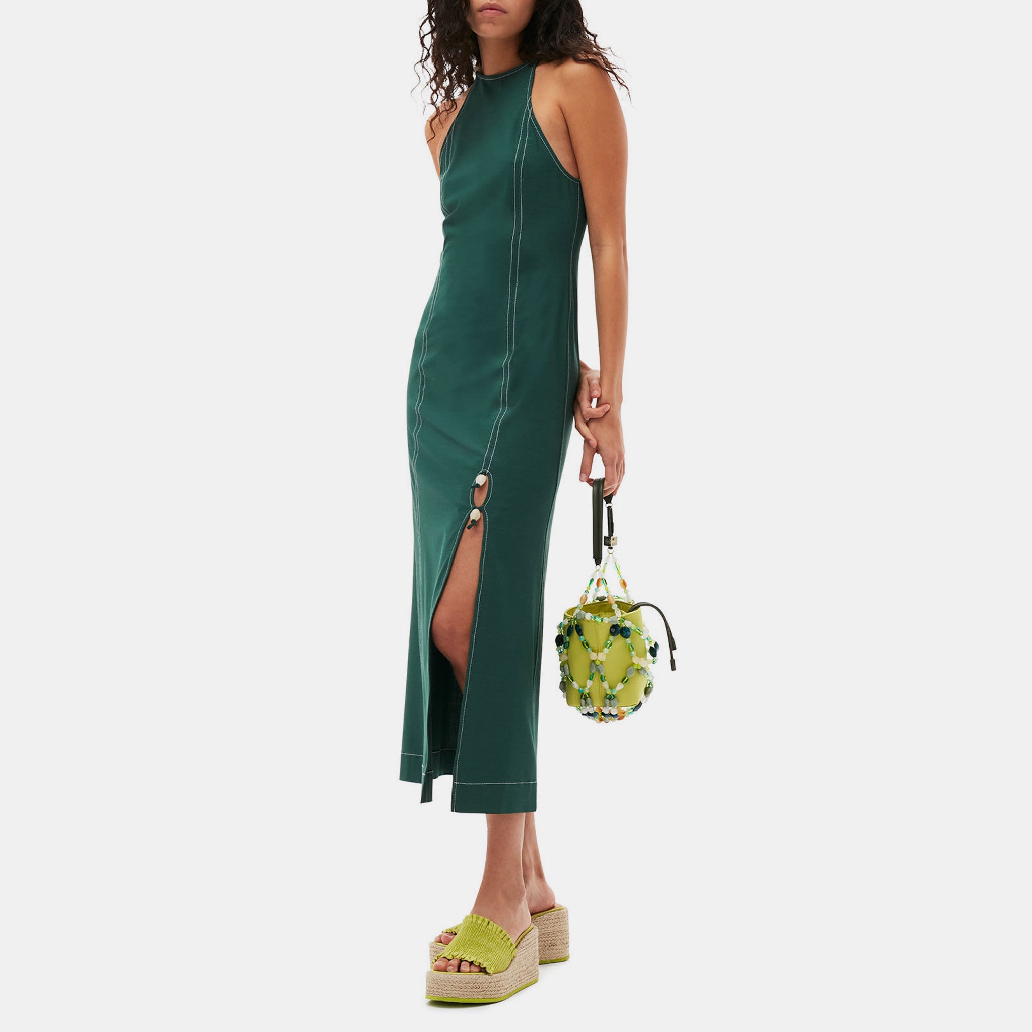 Full body photo of model wearing the Drapey Maxi Dress - Trekking Green.