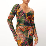 Close half body photo of model wearing the Eliza Dress - Multi.