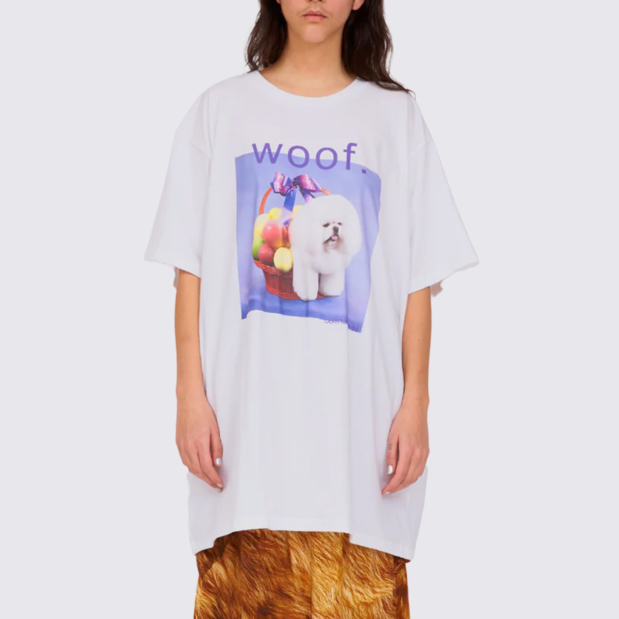 A model wears the XL size of the Graphic Tee in this season's WOOF print, featuring a small fluffy white dog sitting in a fruit basket, alternate view.