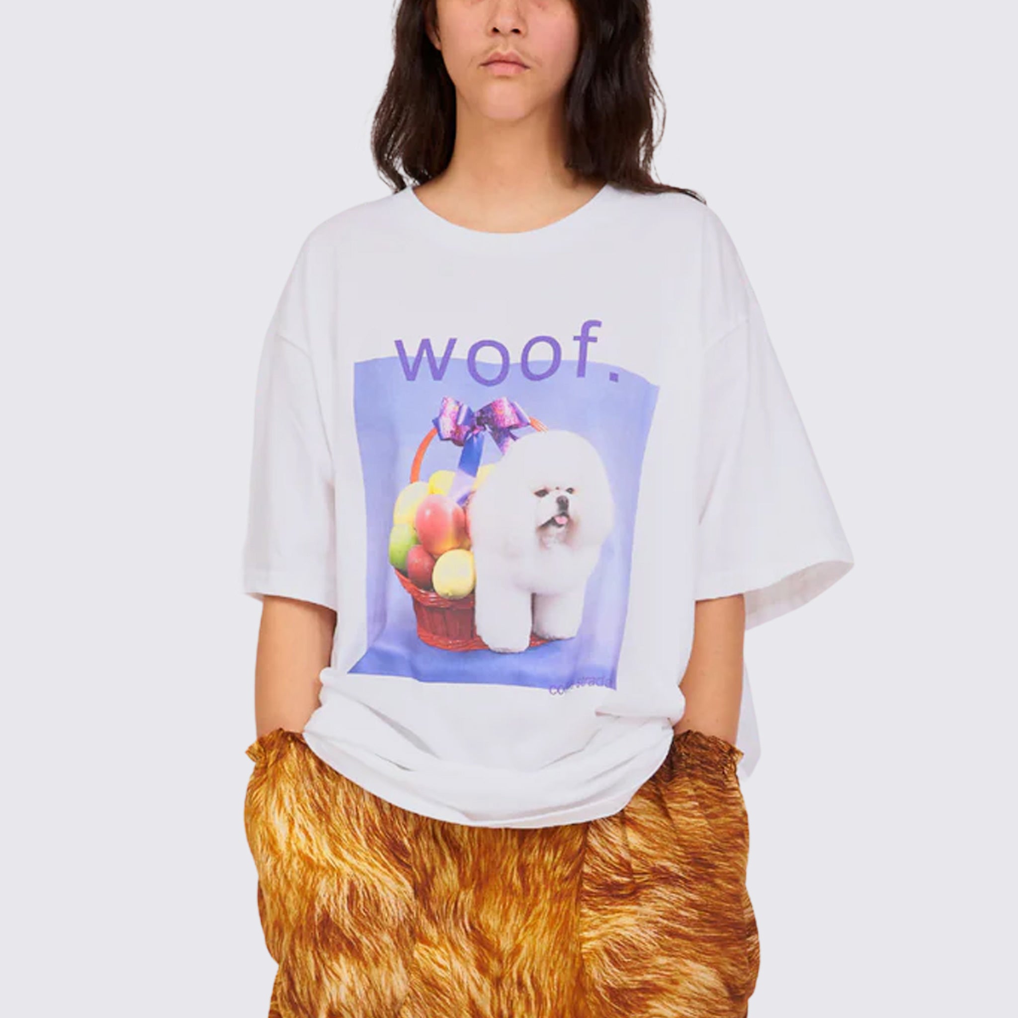 A model wears the XL size of the Graphic Tee in this season's WOOF print, featuring a small fluffy white dog sitting in a fruit basket.