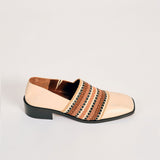 Wales Bonner - Heritage Loafer in ivory calfskin with multicolored woven detailing the vamp.