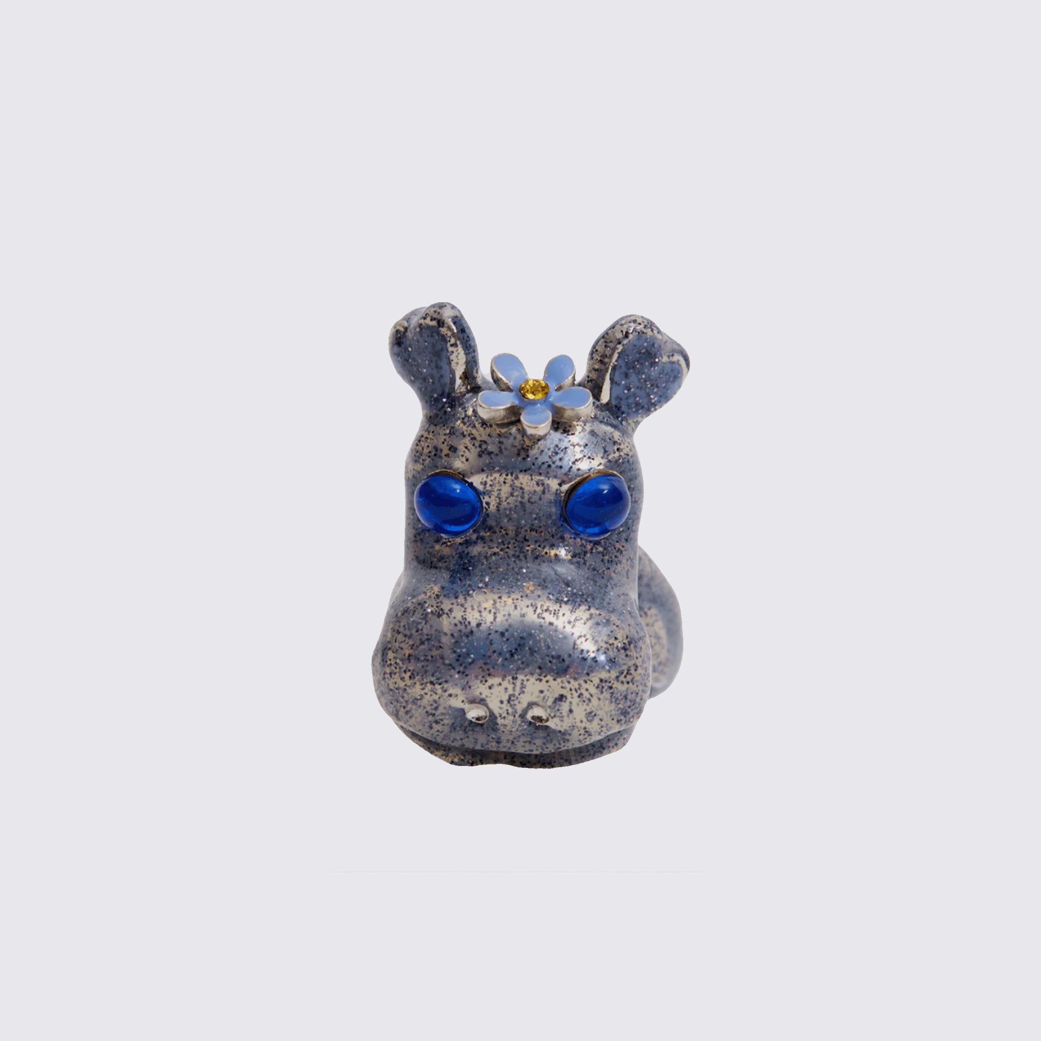 Hippo Ring, a recycled pewter ring formed in the shape of a hippopotamus head, enameled in blue and white speckled paint with blue glass eyes.