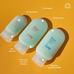The 3 DUNE suncare products, Mug Guard, Lifeguard, Bod Guard, against a golden background illustrating various details of these TSA-approved travel mini sizes.