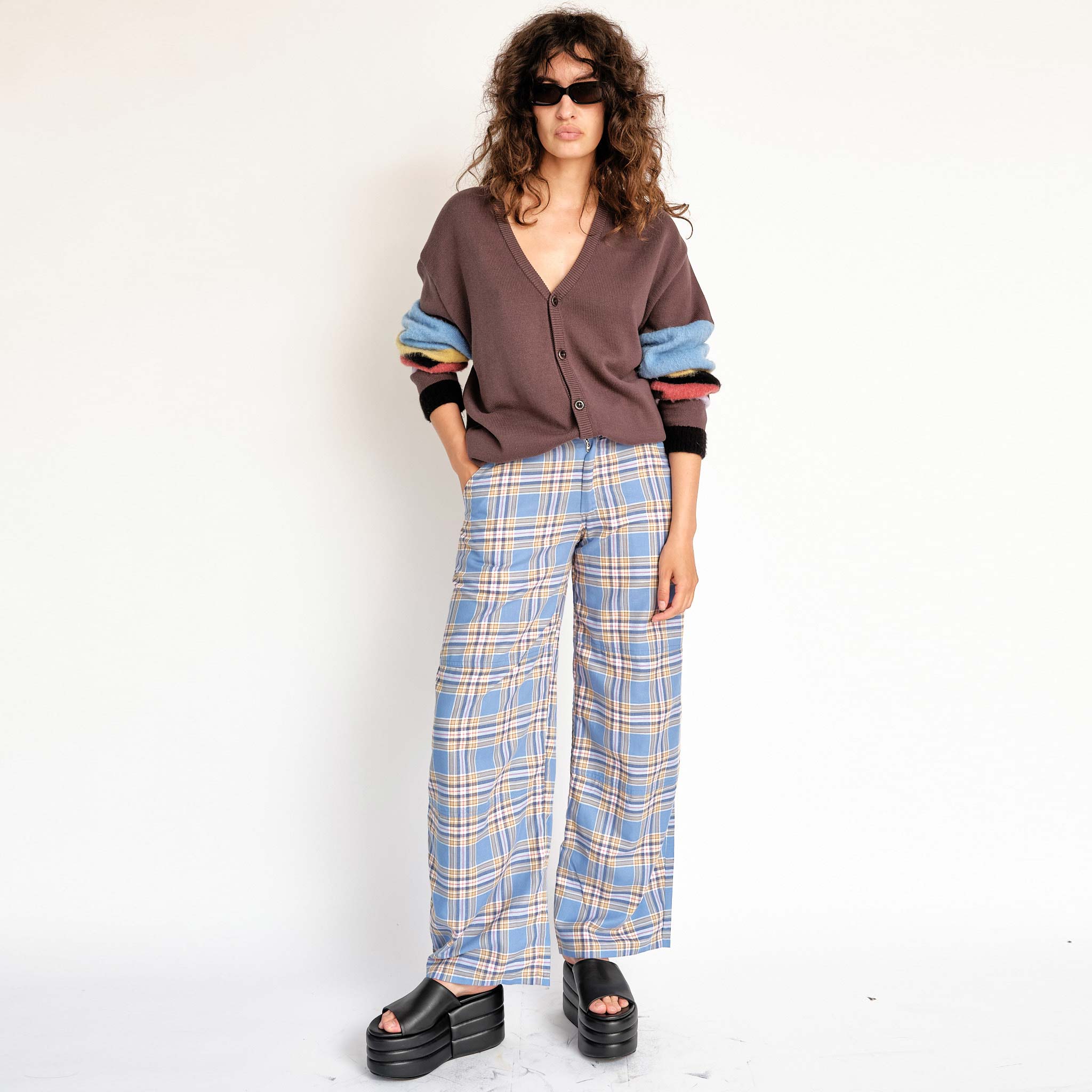 A model wears the wide-leg Lawn checked pant in a blue sky plaid - full outfit view.