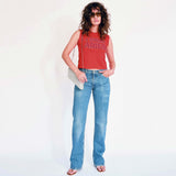 Martine Rose classic womens low rise jeans on a model - full outfit view.