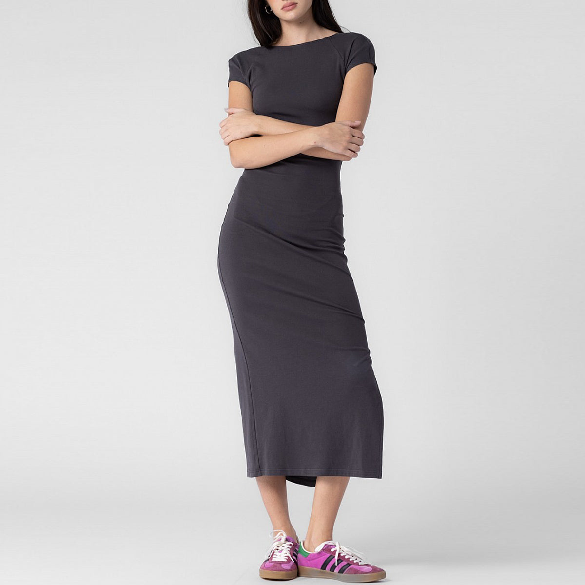 Front full body photo of model wearing the Low Back Easy Dress - Slate.
