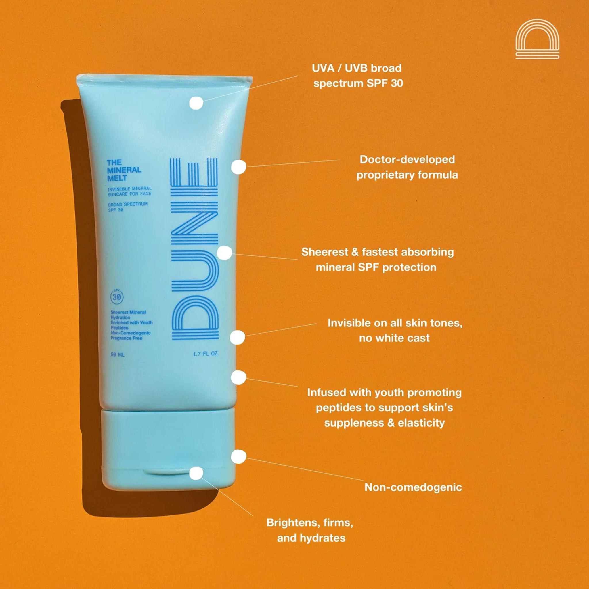 Mineral Melt sunscreen on an orange background with text showing various benefits of this UVA/UVB broad spectrum SPF.
