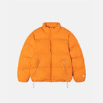 A flat image of the Nylon Down Puffer, a classic puffer jacket with silver zipper hardware and bungie cords at the waist for cinching.