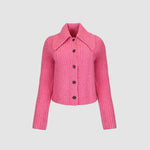 Flat photo of the Paw Cardigan - Carnation. The sweater is knit pink and features brown buttons.