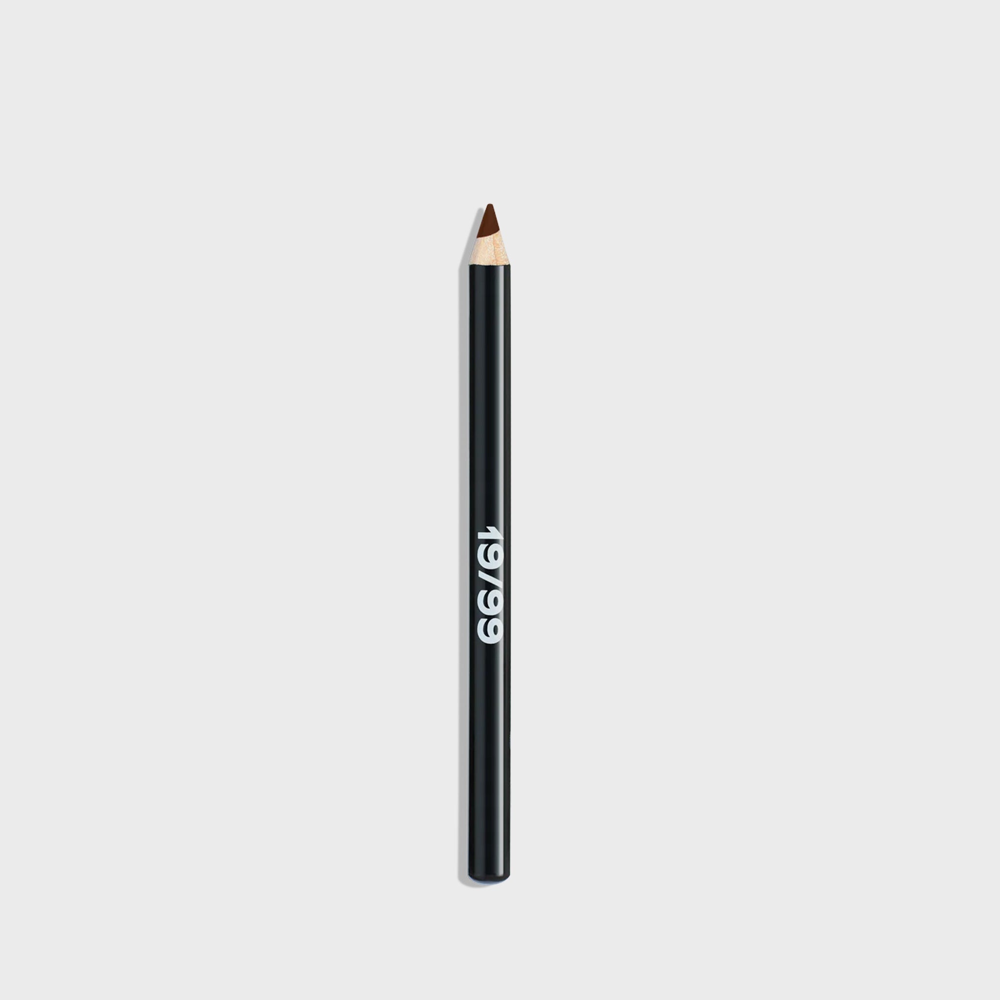 Makeup pencil in chocolate brown by 19/99, with a black casing and bold 19/99 logo printed on the side of the pencil.