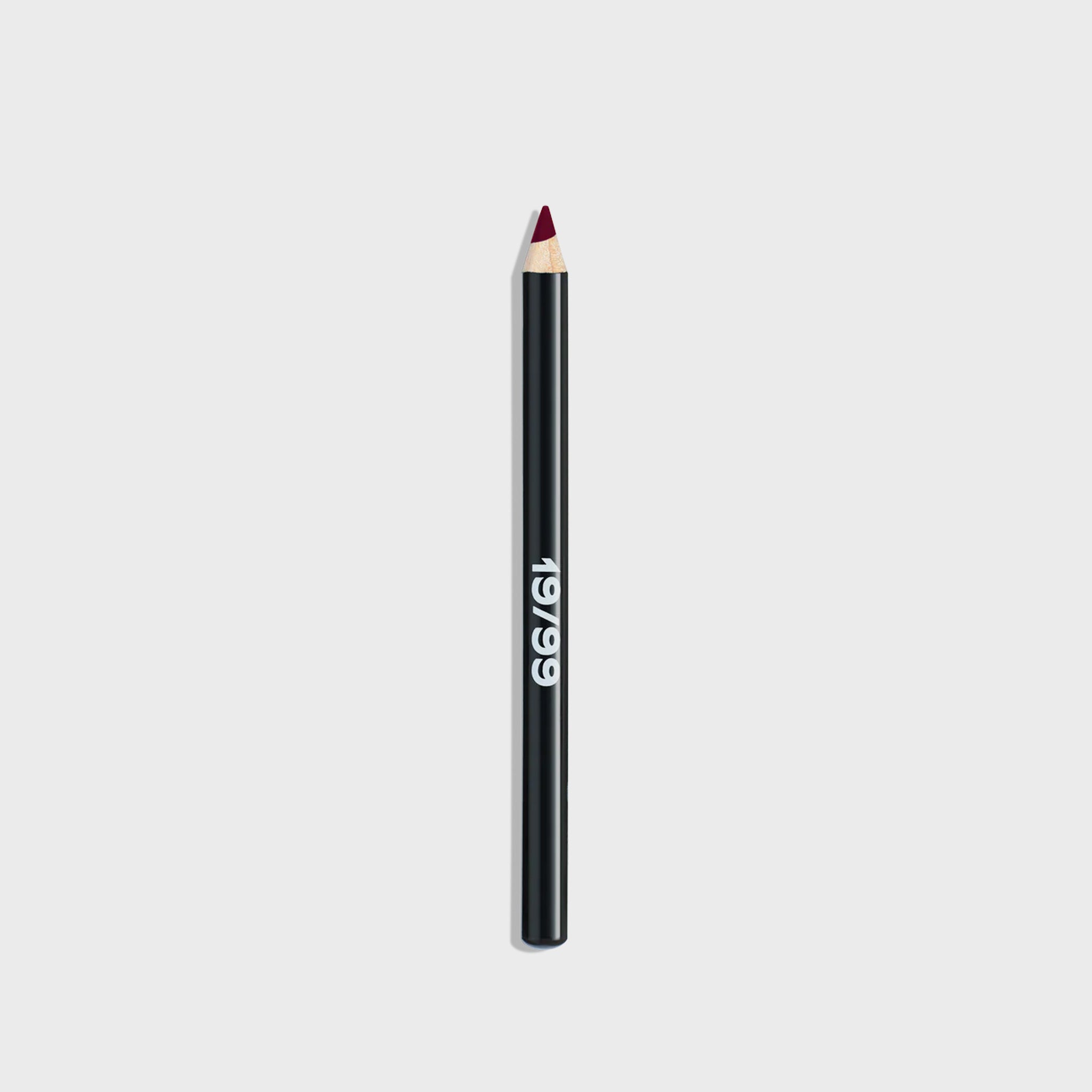 Makeup pencil in deep burgundy red by 19/99, with a black casing and bold 19/99 logo printed on the side of the pencil.