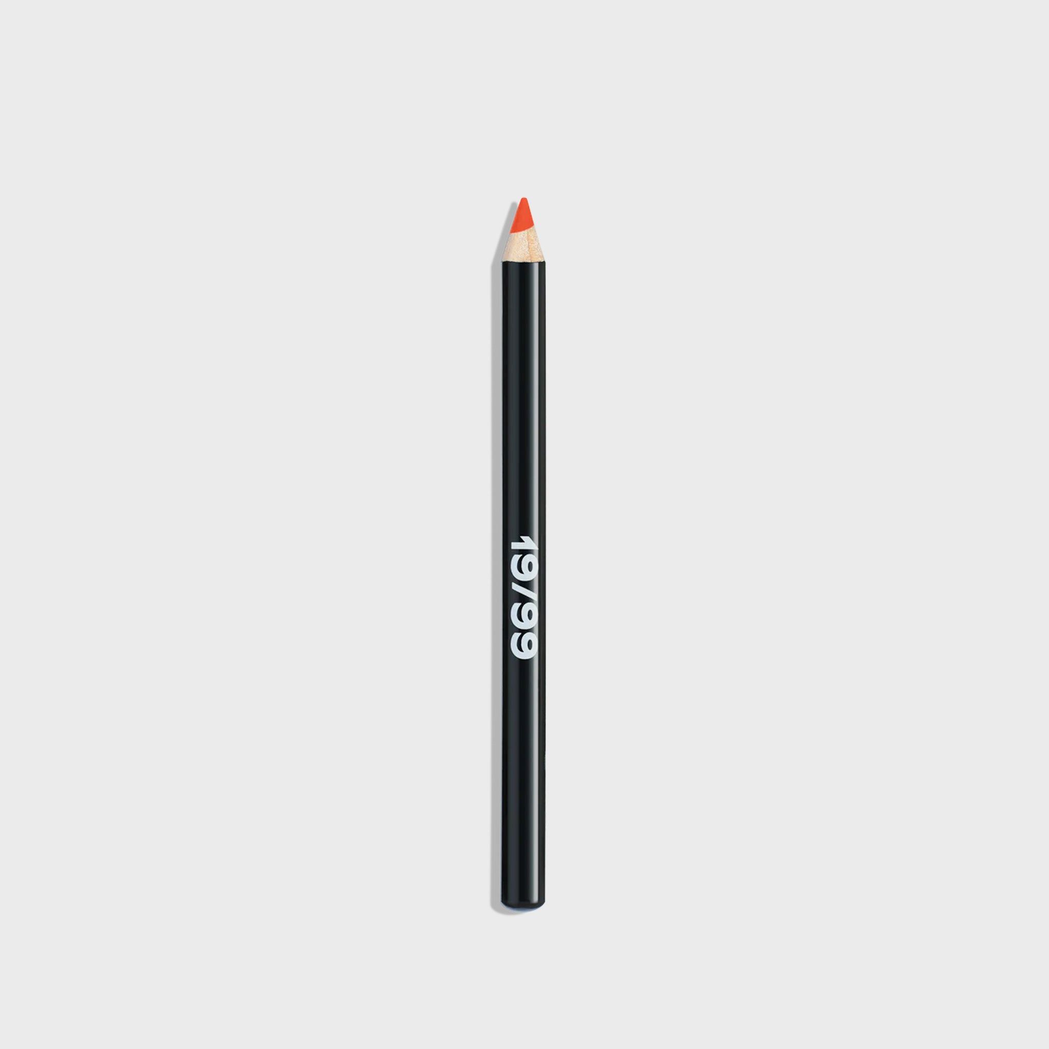 Makeup pencil in vibrant coral orange by 19/99, with a black casing and bold 19/99 logo printed on the side of the pencil.