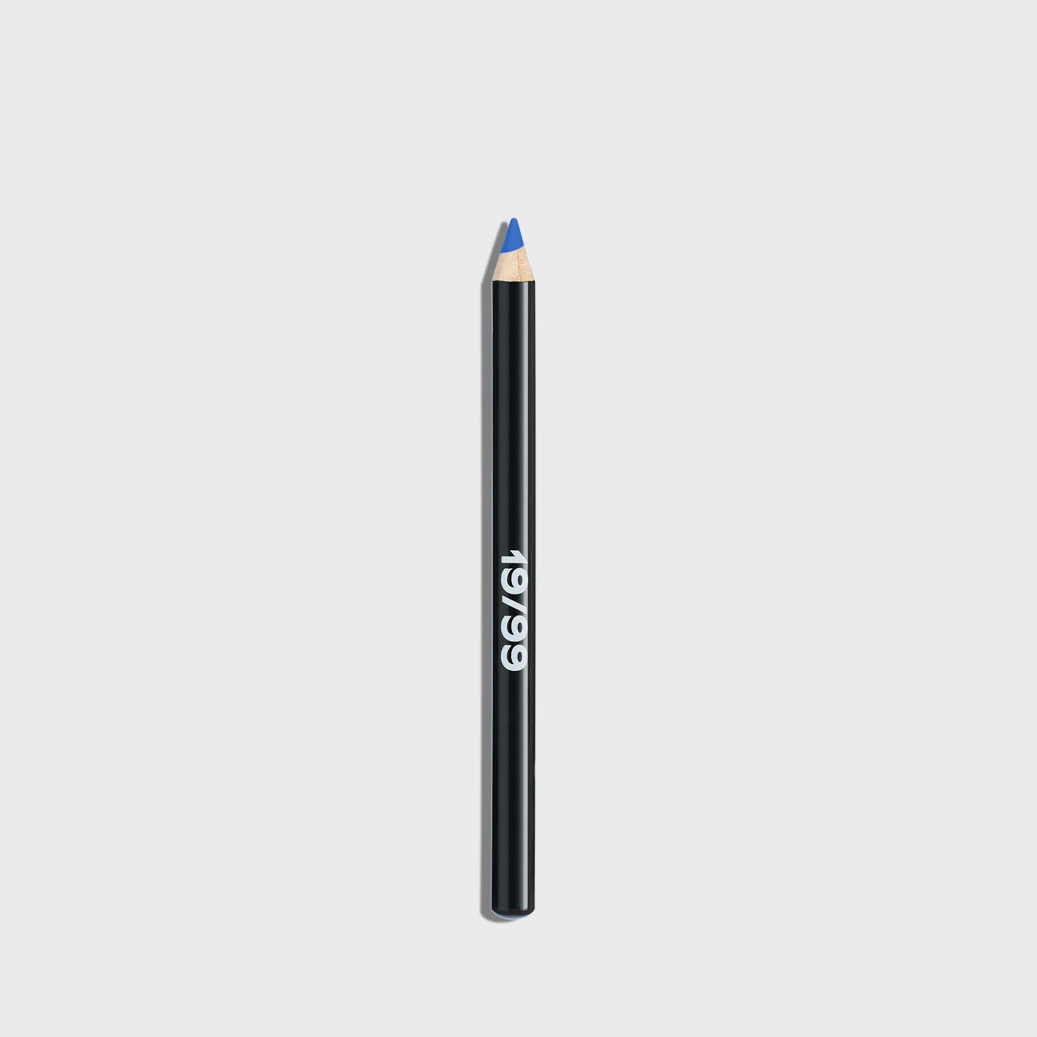 Makeup pencil in cerulean blue by 19/99, with a black casing and bold 19/99 logo printed on the side of the pencil.