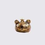 Princess Bear Ring in antique gold, a recycled pewter ring shaped like a bear's head wearing a star crown and clear glass eyes.