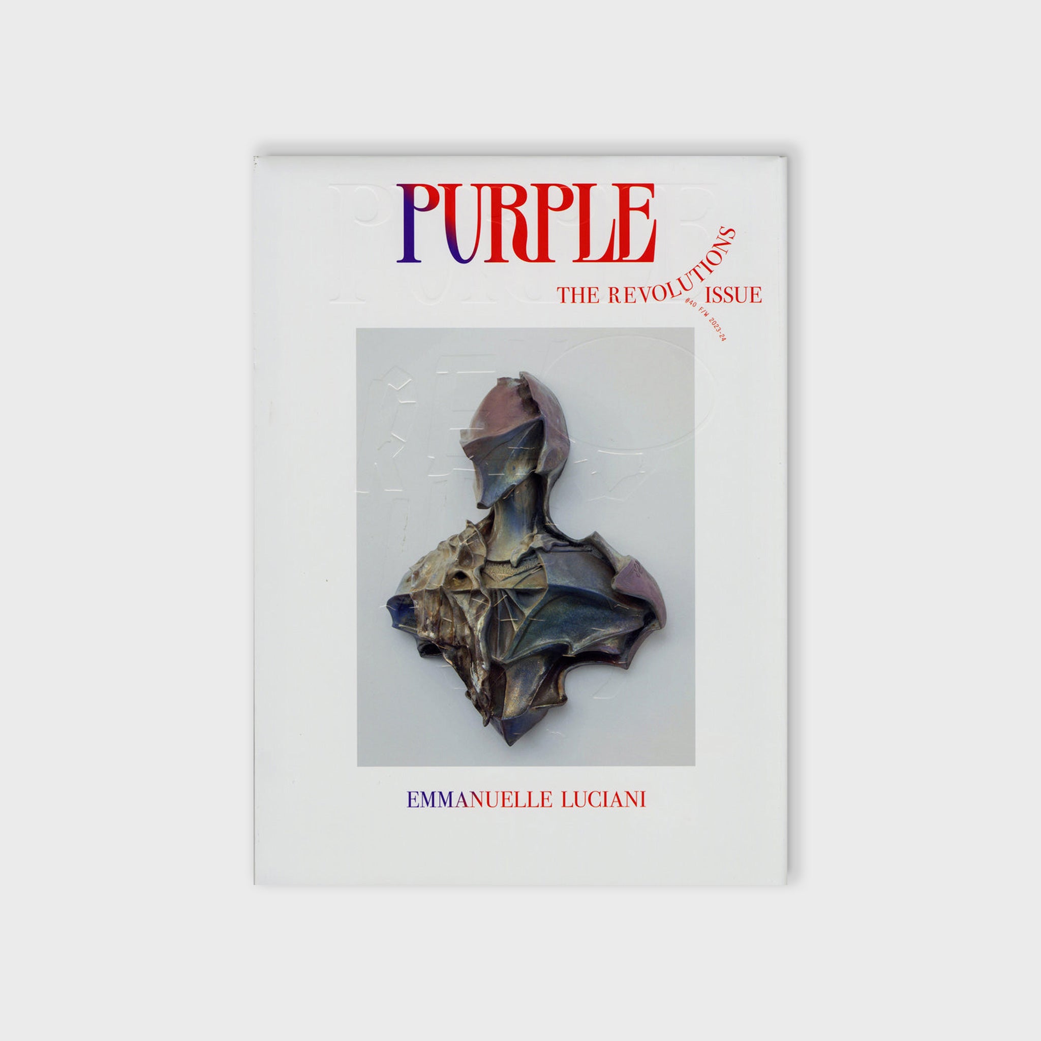 Hardcover photo of Purple Fashion issue 40 featuring a figurative sculptural work by Emmanuelle Luciani.