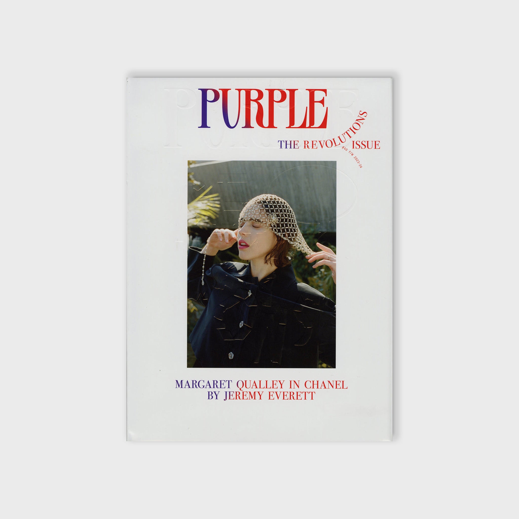 Hardcover photo of Purple Fashion issue 40 featuring Margaret Qualley wearing Chanel photographed by Jeremy Everett.