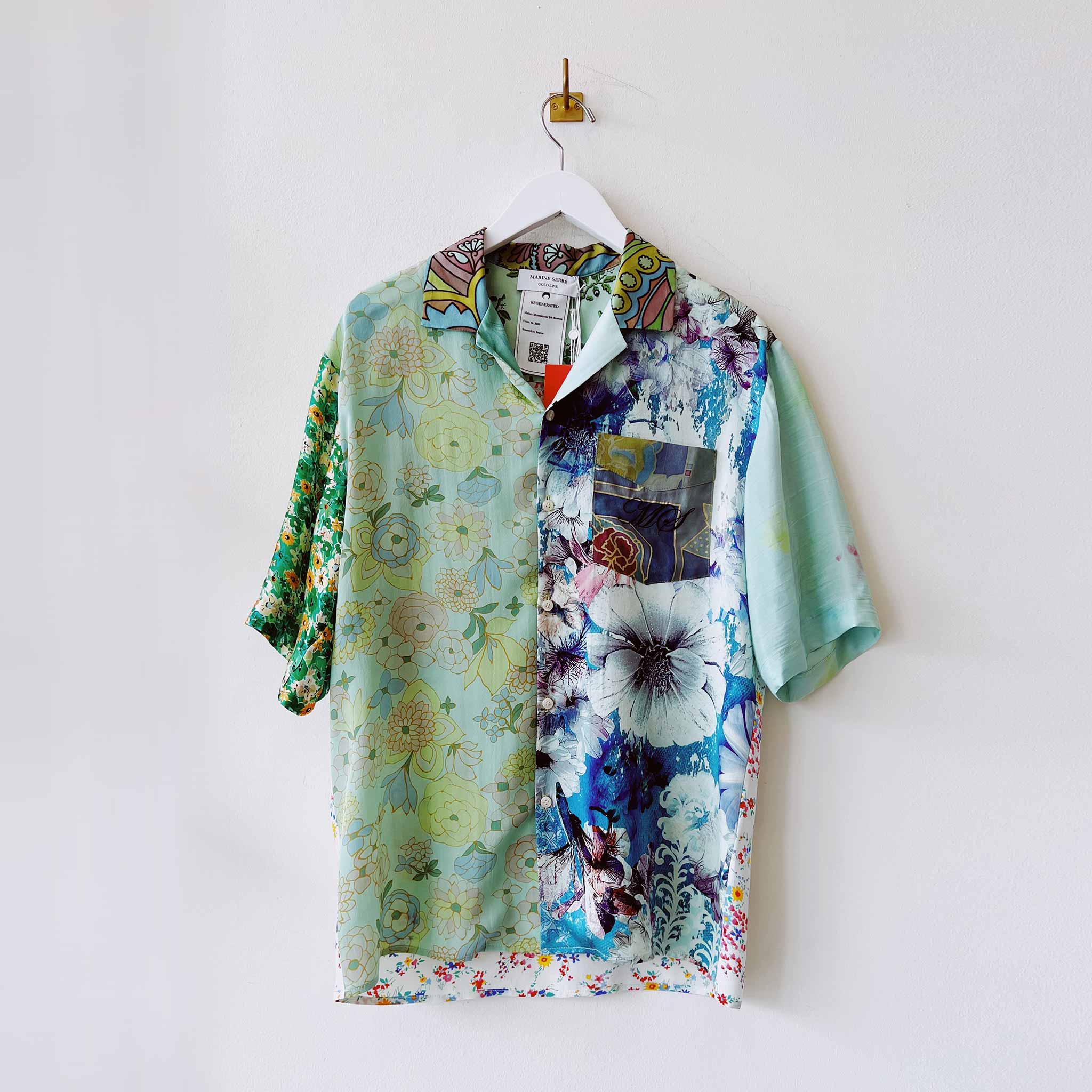 A silk bowling shirt created from multiple vintage scarves and overdyed in a seafoam green - front photo of XS shirt.