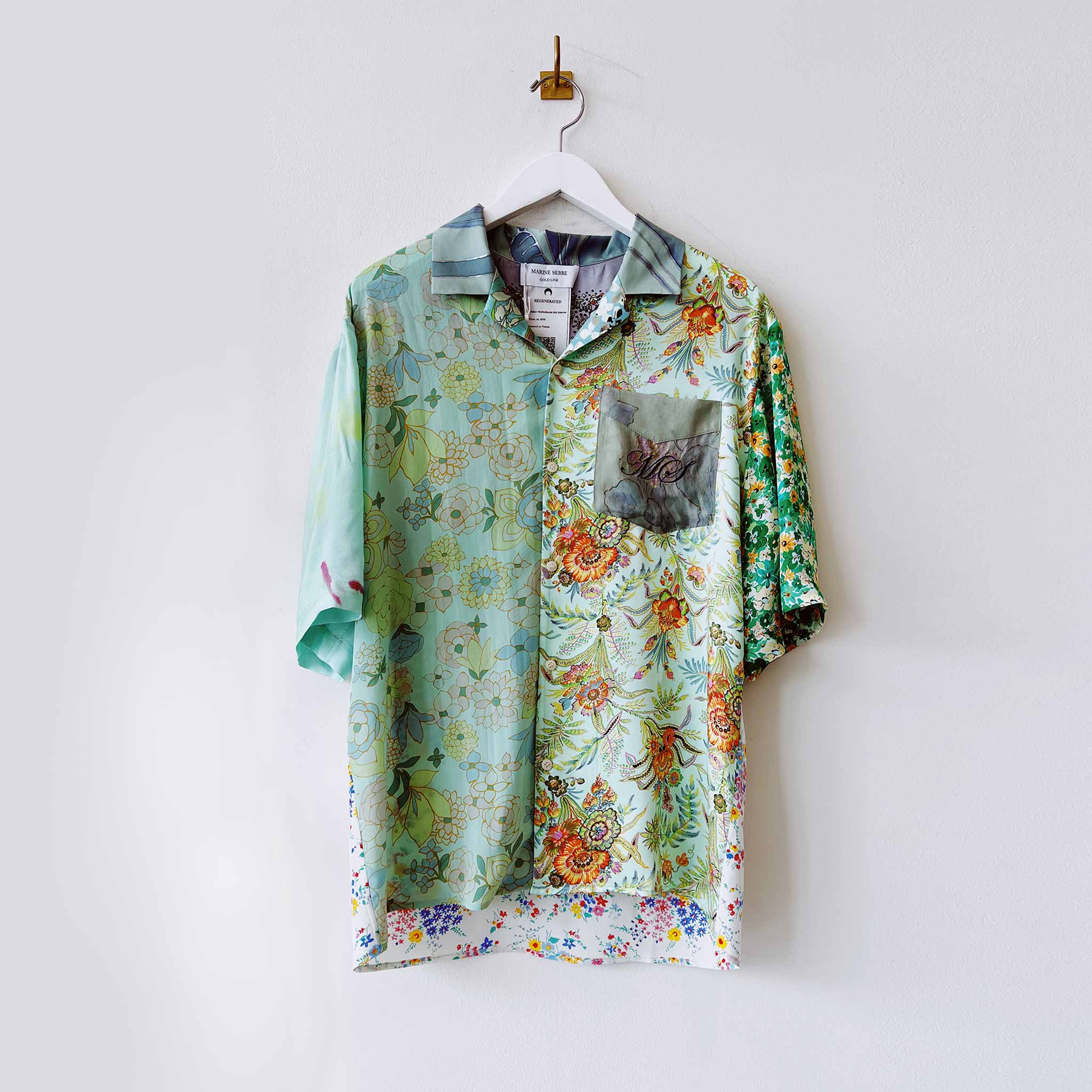 A silk bowling shirt created from multiple vintage scarves and overdyed in a seafoam green - front photo of XXS shirt.