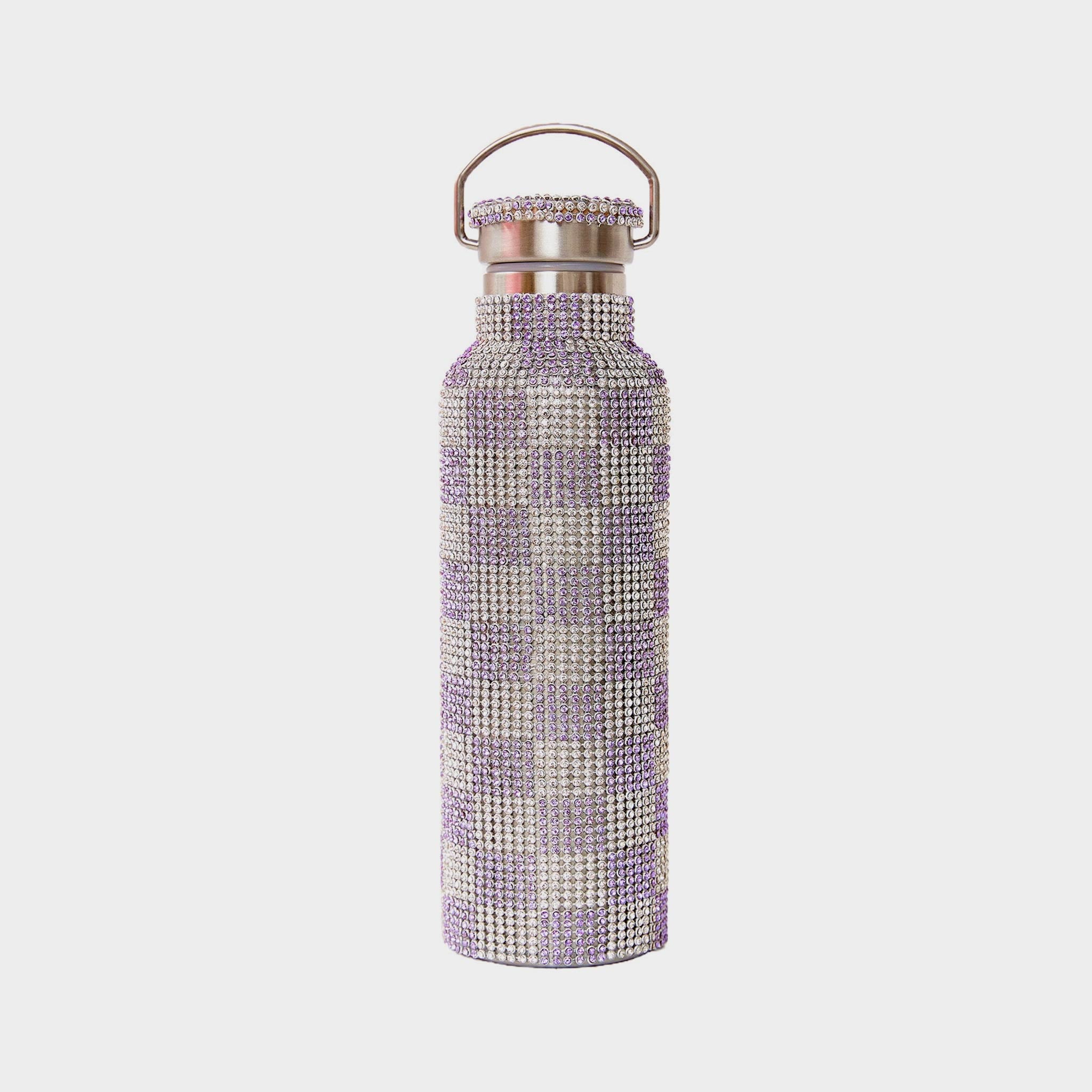 Rhinestone covered reusable water bottle in a lilac and white checked pattern.
