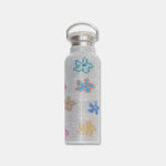 Stainless steel water bottle encrusted with white rhinestones and a multi-colored floral pattern.
