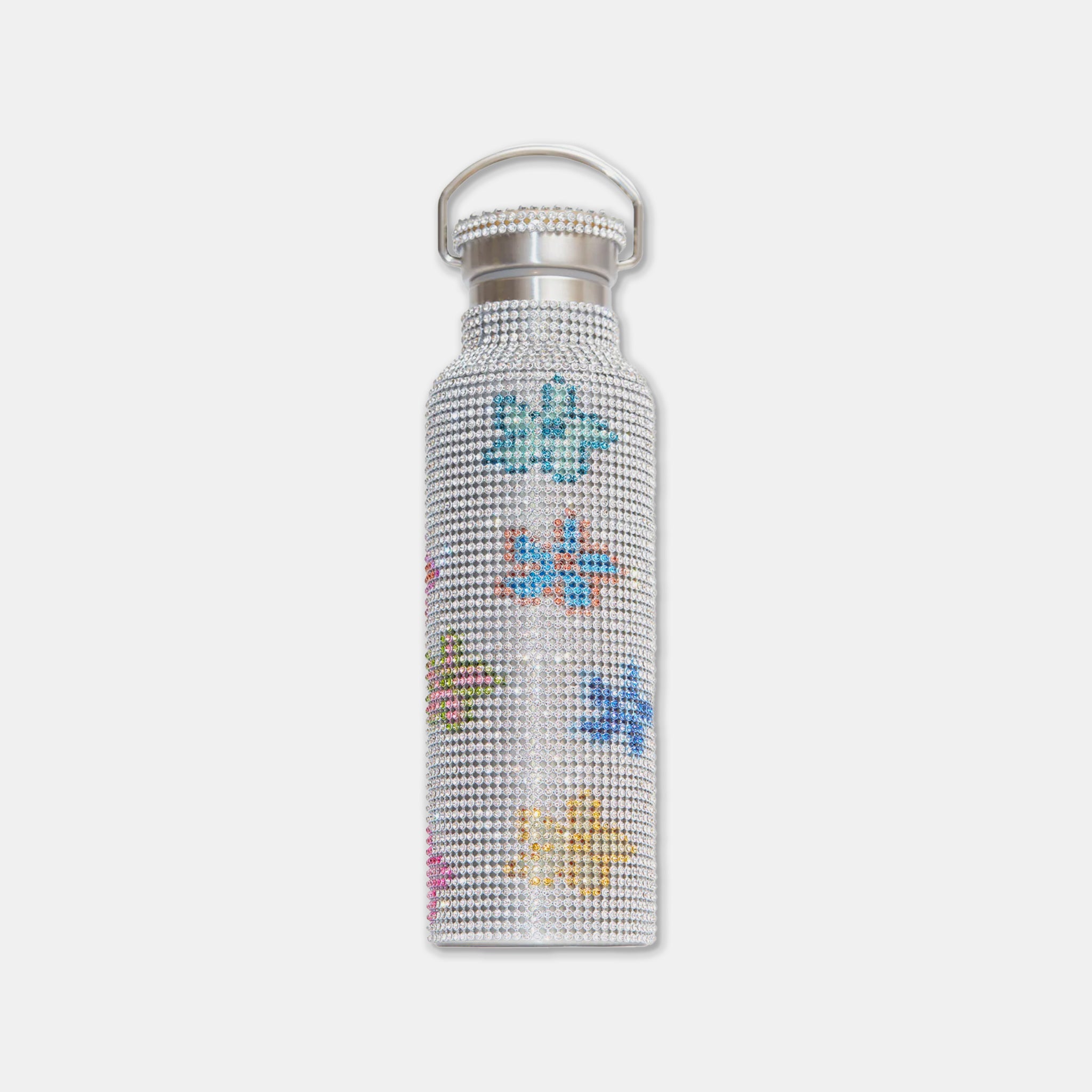 Stainless steel water bottle encrusted with white rhinestones and a multi-colored floral pattern.