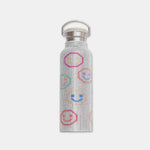 Stainless steel water bottle encrusted with white rhinestones and a series of multi-colored smiley faces.