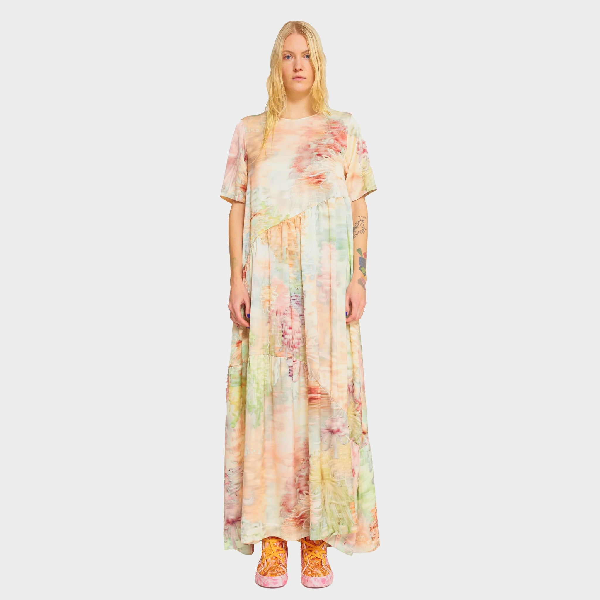 Full body photo of model wearing the Ritual Dress - Light Chrysanthemum.