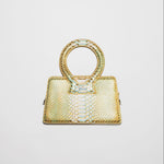 Photo of Luar Small Ana Bag in a faux python embossed gold finish with a large circular top handle.