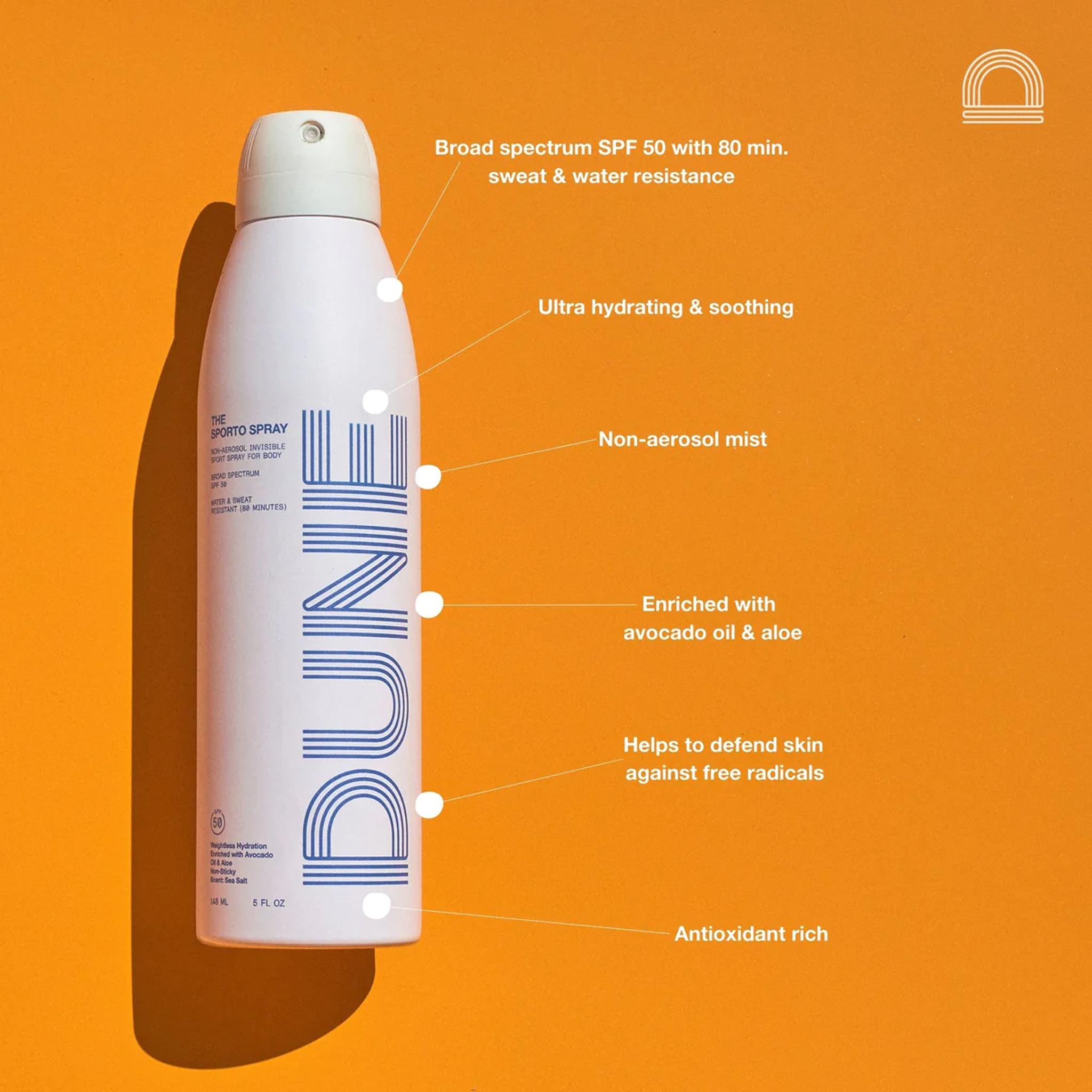The Sporto Spray against an orange background, with text detailing the benefits of this broad spectrum sunscreen.