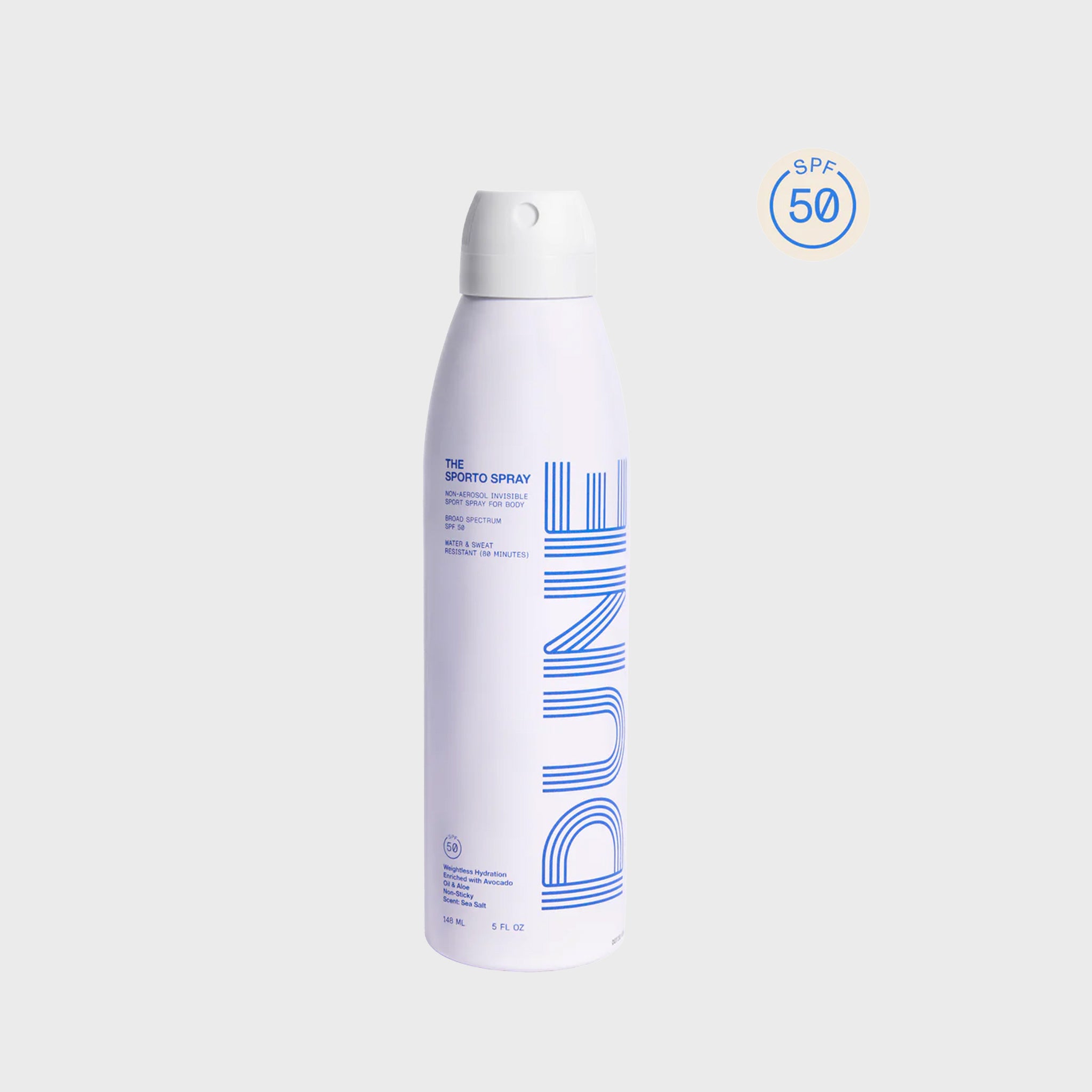 A white canister of the Sporto Spray, an SPF 50 reef-safe sunscreen by DUNE.
